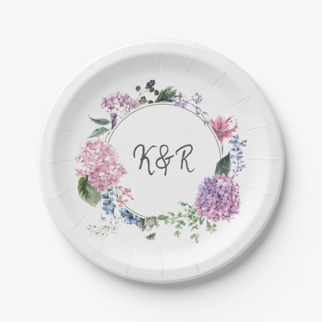 Hydrangea flower wreath wedding themed wedding paper plate (Front)