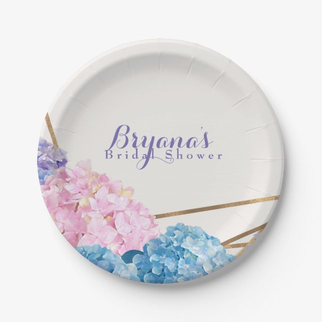 Hydrangea Flowers & Gold Chic Elegant Spring Paper Plate (Front)