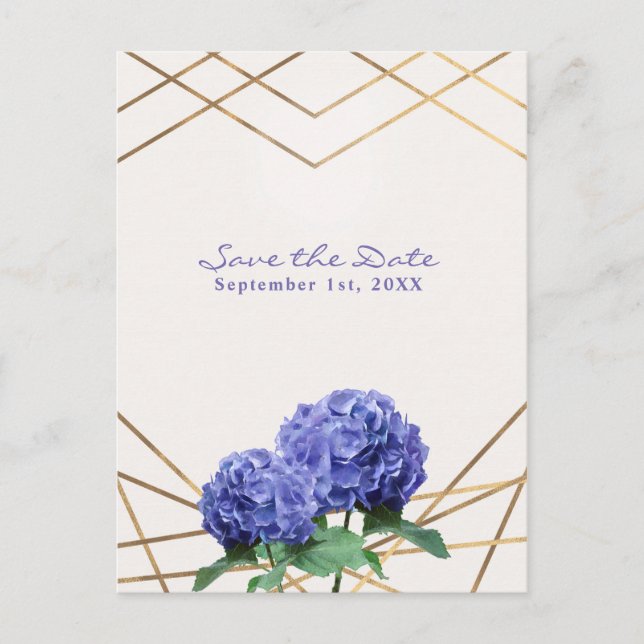 Hydrangea Flowers & Gold Elegant Save the Date Announcement Postcard (Front)