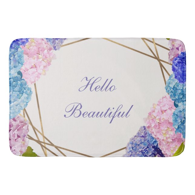 Hydrangea Flowers & Gold Floral Chic Spring Bath Mat (Front)