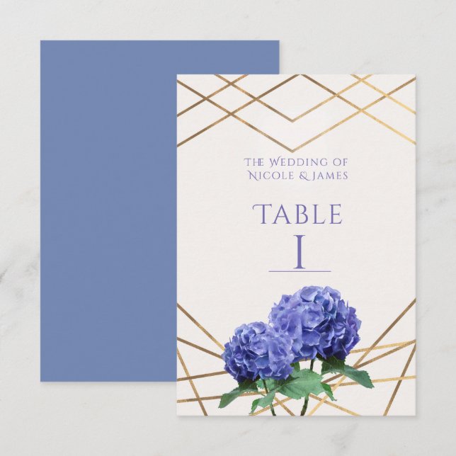 Hydrangea Flowers & Gold Wedding Table Number Card (Front/Back)