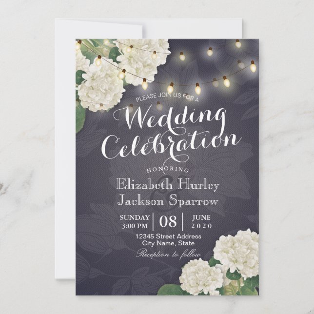 Hydrangea Flowers String Lights Navy Blue Wedding Invitation (Front)