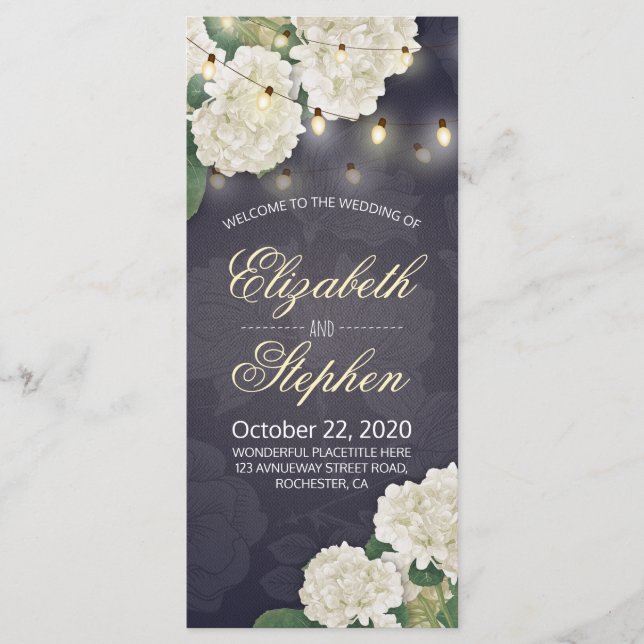 Hydrangea Flowers String Lights Wedding Programs Programme (Front)