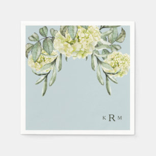 Hydrangea Foliage Monogram Dusty Blue Cocktail Napkin