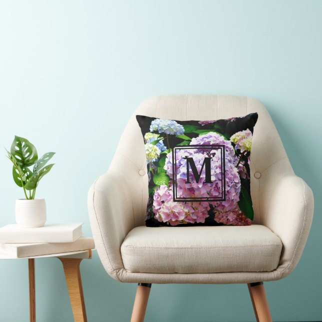 Hydrangea garden, pink, blue, purple floral cushion (Chair)