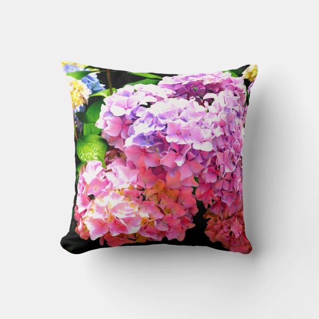 Hydrangea garden, pink, blue, purple floral cushion (Front)