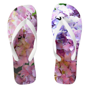 Hydrangea garden, pink, blue, purple floral flip flops