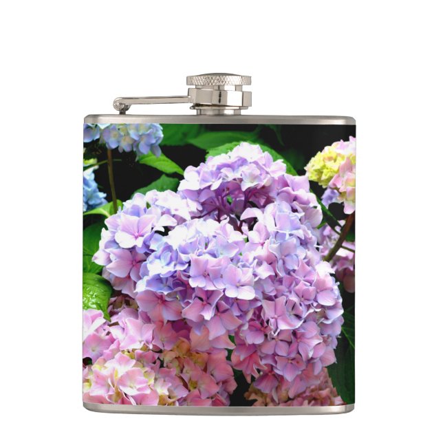 Hydrangea garden, pink, blue, purple floral hip flask (Front)