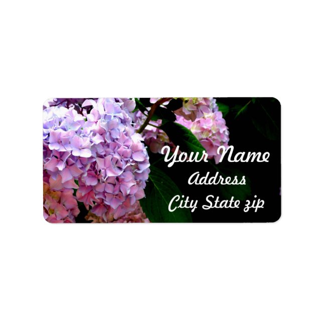Hydrangea garden, pink, blue, purple floral label (Front)
