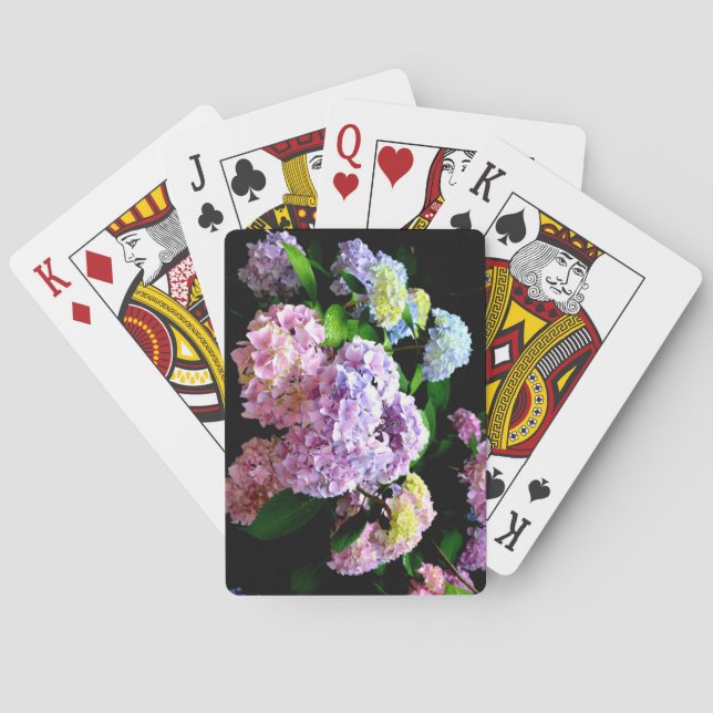 Hydrangea garden, pink, blue, purple floral playing cards (Back)