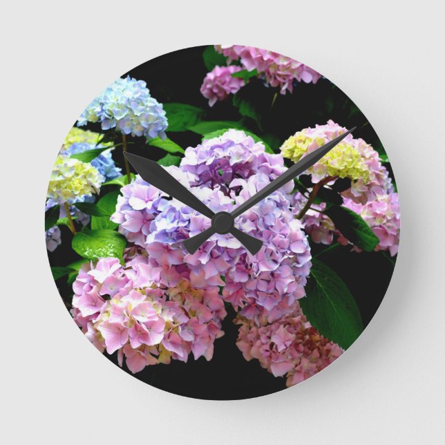 Hydrangea garden, pink, blue, purple floral round clock (Front)
