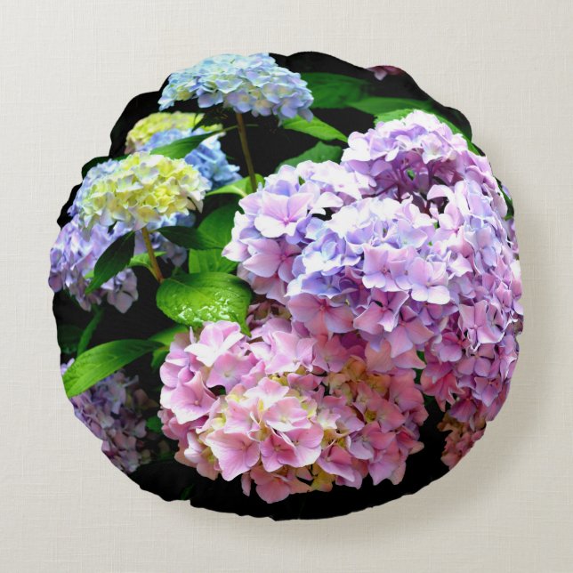 Hydrangea garden, pink, blue, purple floral round cushion (Front)