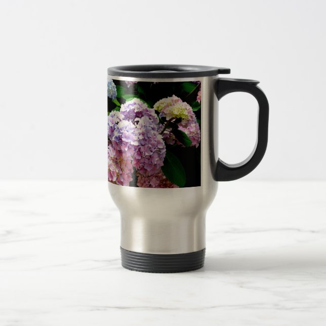 Hydrangea garden, pink, blue, purple floral travel mug (Right)