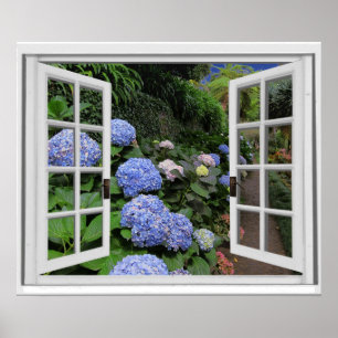 Hydrangea Garden View Faux Window Poster