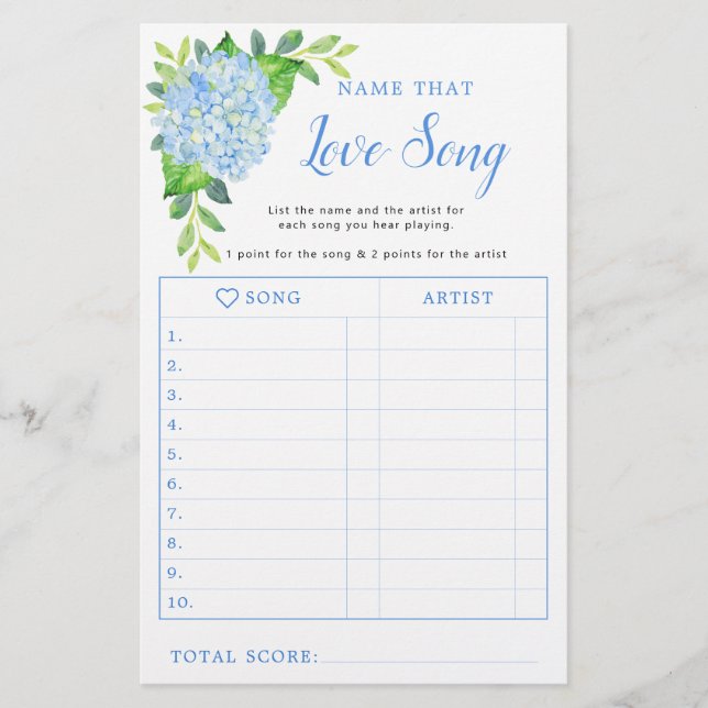 Hydrangea Geometric Bridal Shower Love Song Game (Front)