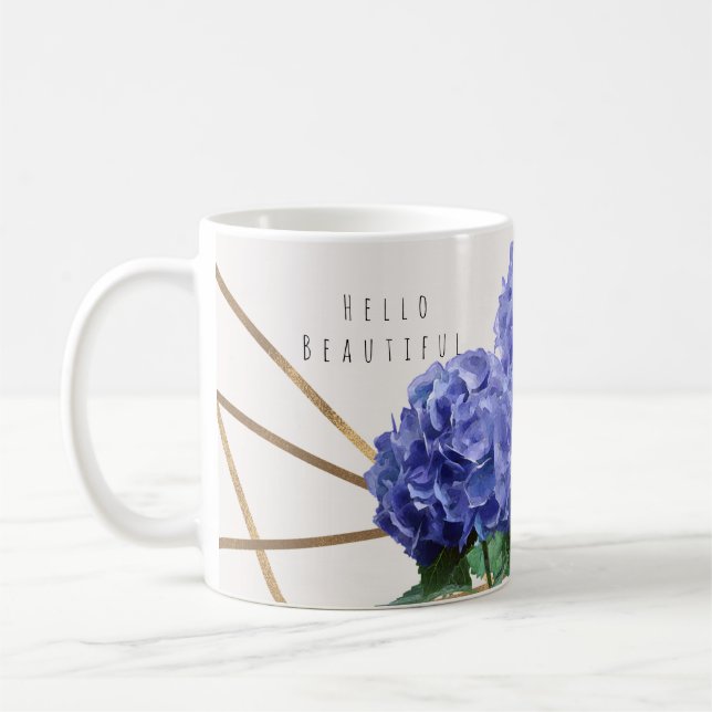 Hydrangea & Gold Elegant Floral Personalised Coffee Mug (Left)