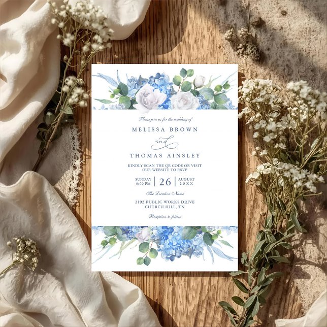 Hydrangea Greenery Blue Floral QR Code Wedding Invitation (Creator Uploaded)