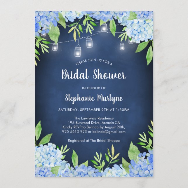 Hydrangea Greenery Navy Jar Lights Bridal Shower Invitation (Front)
