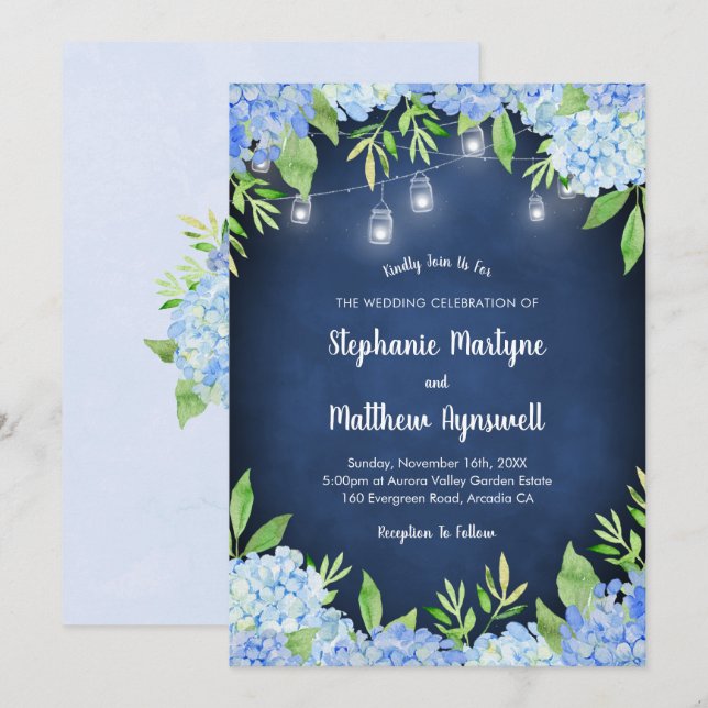 Hydrangea Greenery Navy Mason Jar Lights Wedding Invitation (Front/Back)
