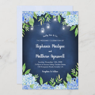 Hydrangea Greenery Navy Mason Jar Lights Wedding Invitation