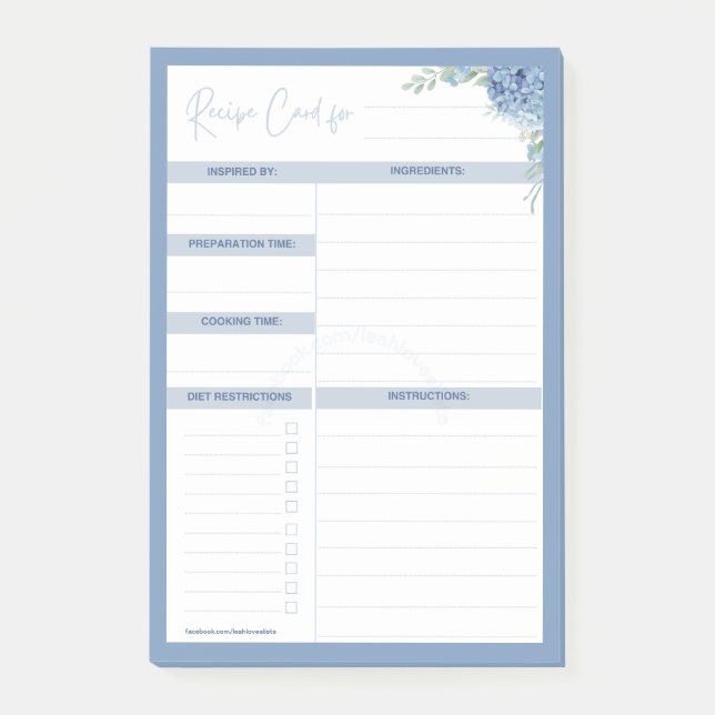 Hydrangea Haven RECIPE CARD Template list Post-it Notes (Front)