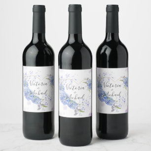 Hydrangea Heart Personalised Names Wedding Wine Label