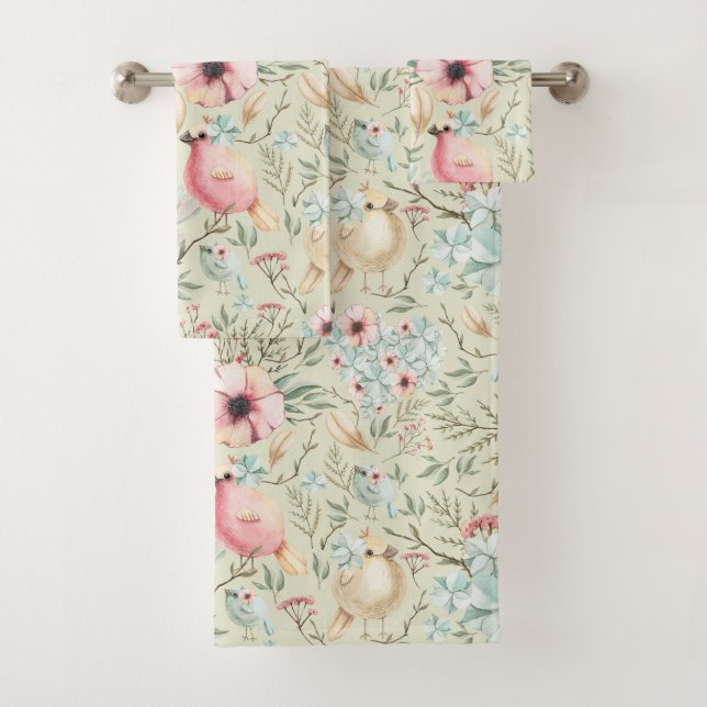 Hydrangea Hearts and Baby Birds Floral Bath Towels (Insitu)