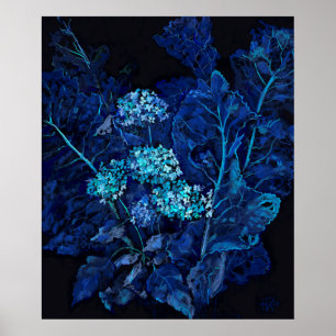 Hydrangea & Horseradish Floral Painting Black Blue Poster