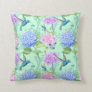 Hydrangea hummingbird lavender blue mint green cushion