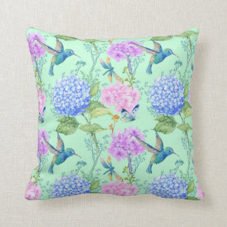 Hydrangea hummingbird lavender blue mint green cushion