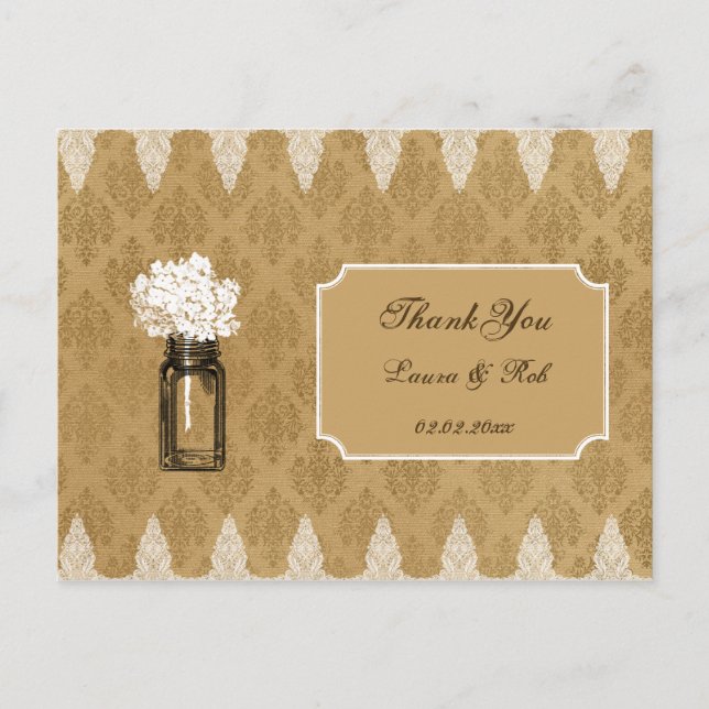 hydrangea in mason jar, burlap wedding thank you postcard (Front)