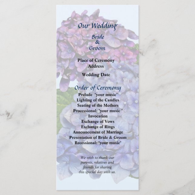 Hydrangea in Shades of Purple Wedding Program Programme (Front)