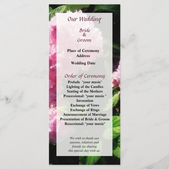 Hydrangea in Sunshine Wedding Program Programme (Front)