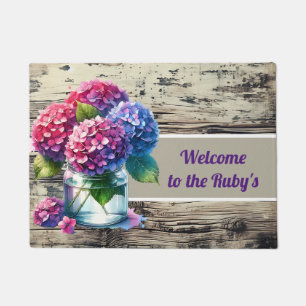 Hydrangea Jar Vase Watercolor Rustic Wood Doormat