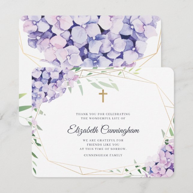 Hydrangea Lilac Floral Geometric Memorial Thank You Card (Front/Back)