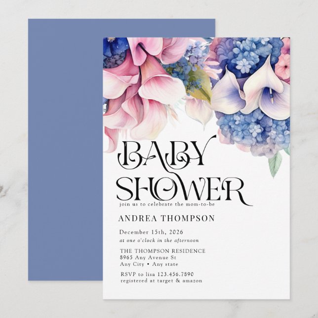 Hydrangea | Lilies Floral | Watercolor Baby Shower Invitation (Front/Back)