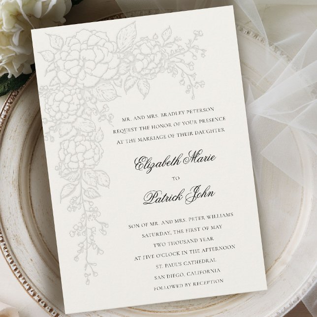 Hydrangea Luminous Ecru Formal Classic Wedding Invitation (hydrangea wedding invitation formal traditional modern classic art sketch parents host ecru)
