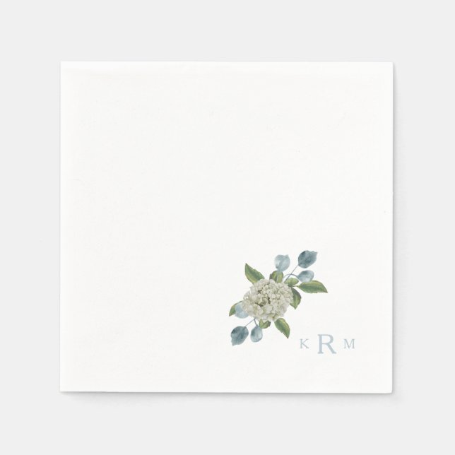 Hydrangea Monogram White & Blue Cocktail Napkins (Front)