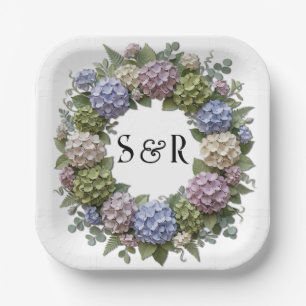 Hydrangea Monogram Wreath Wedding Paper Plate