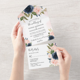 Hydrangea Navy Blue and Blush Pink Floral Wedding  All In One Invitation