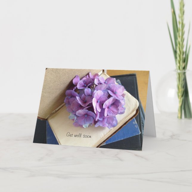 Hydrangea on old books get well card (Front)