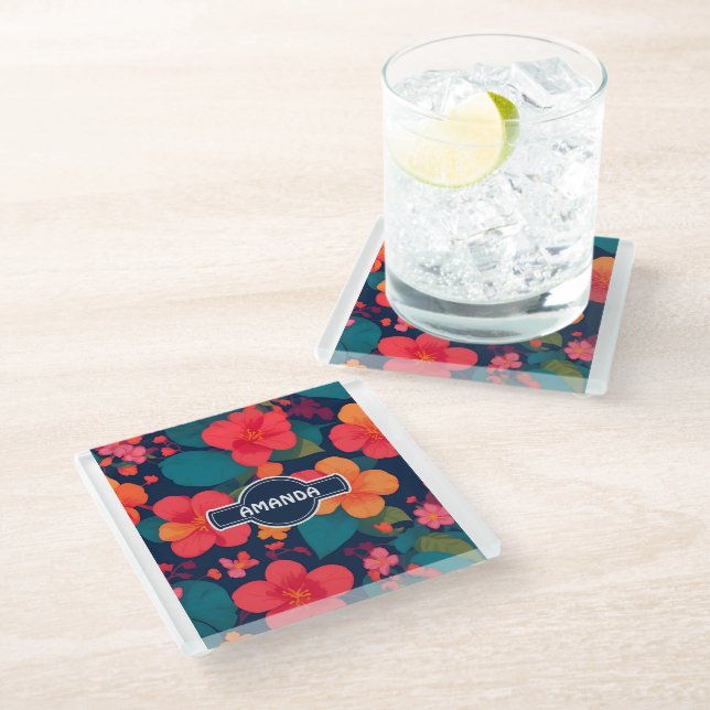 Hydrangea Pastel Colourful Personalised Pattern Glass Coaster (Angled)