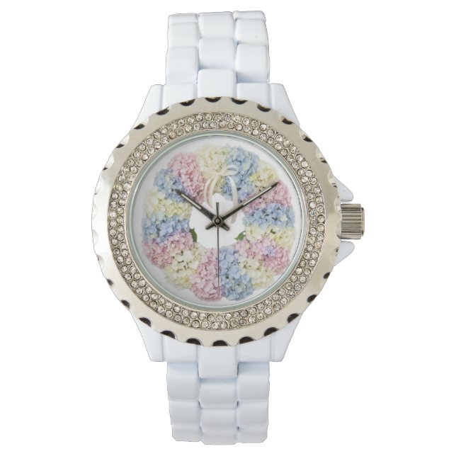 Hydrangea pastel Flower Wreath - Monogramed Watch (Front)