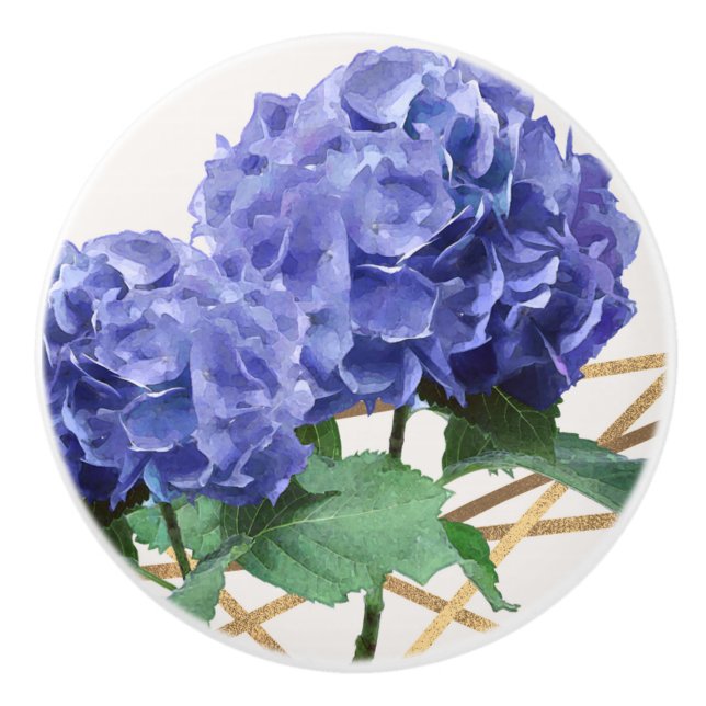 Hydrangea Purple Blue & Gold Elegant Floral Ceramic Knob (Front)