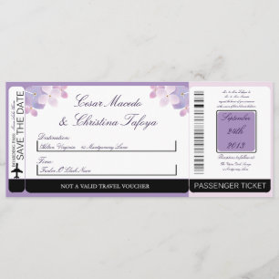 Hydrangea  Purple Boarding Pass Wedding Invitation