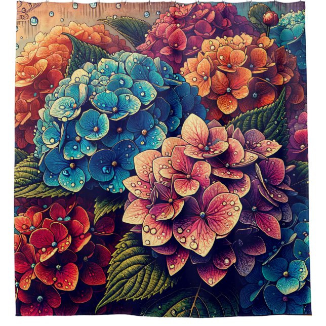 “Hydrangea Raindrop Floral Art” Shower Curtain (Front)