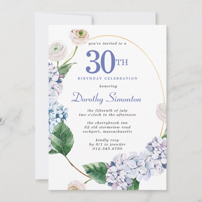 Hydrangea Rose 30th Birthday Party  Invitation (Front)