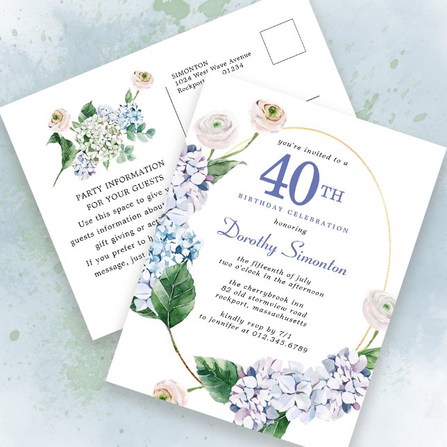 Hydrangea Rose 40th Birthday Summer Invitation Postcard (Creator Uploaded)