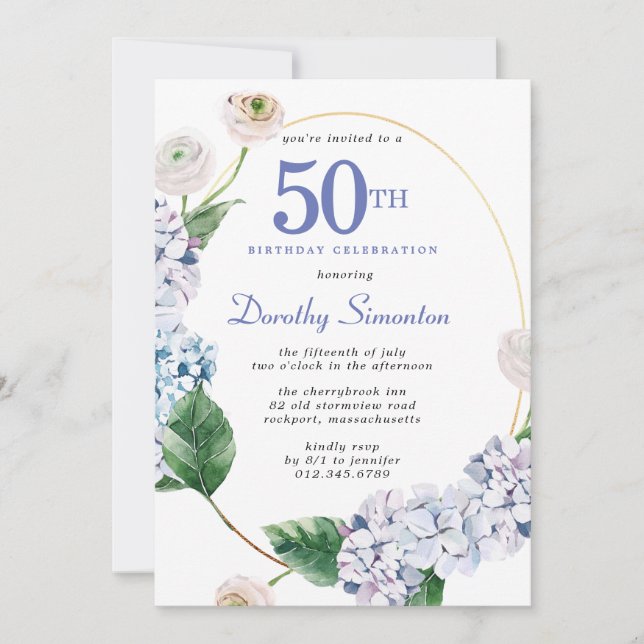 Hydrangea Rose 50th Birthday Party  Invitation (Front)