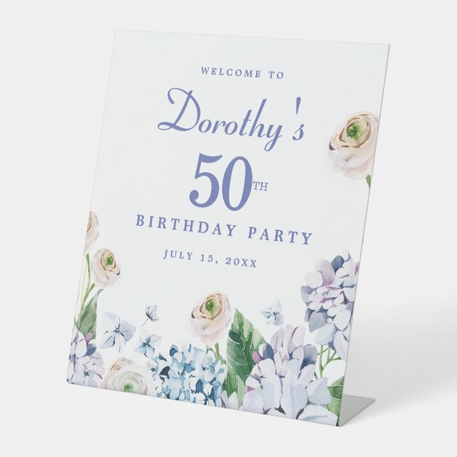 Hydrangea Rose 50th Birthday Party Welcome Sign (Front)